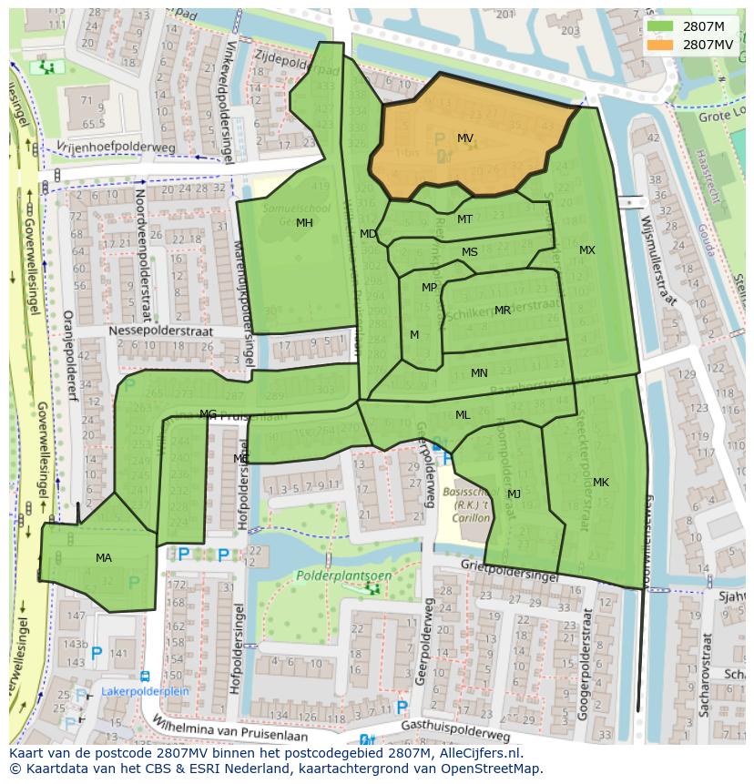 Afbeelding van het postcodegebied 2807 MV op de kaart.