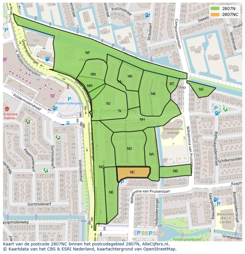 Afbeelding van het postcodegebied 2807 NC op de kaart.