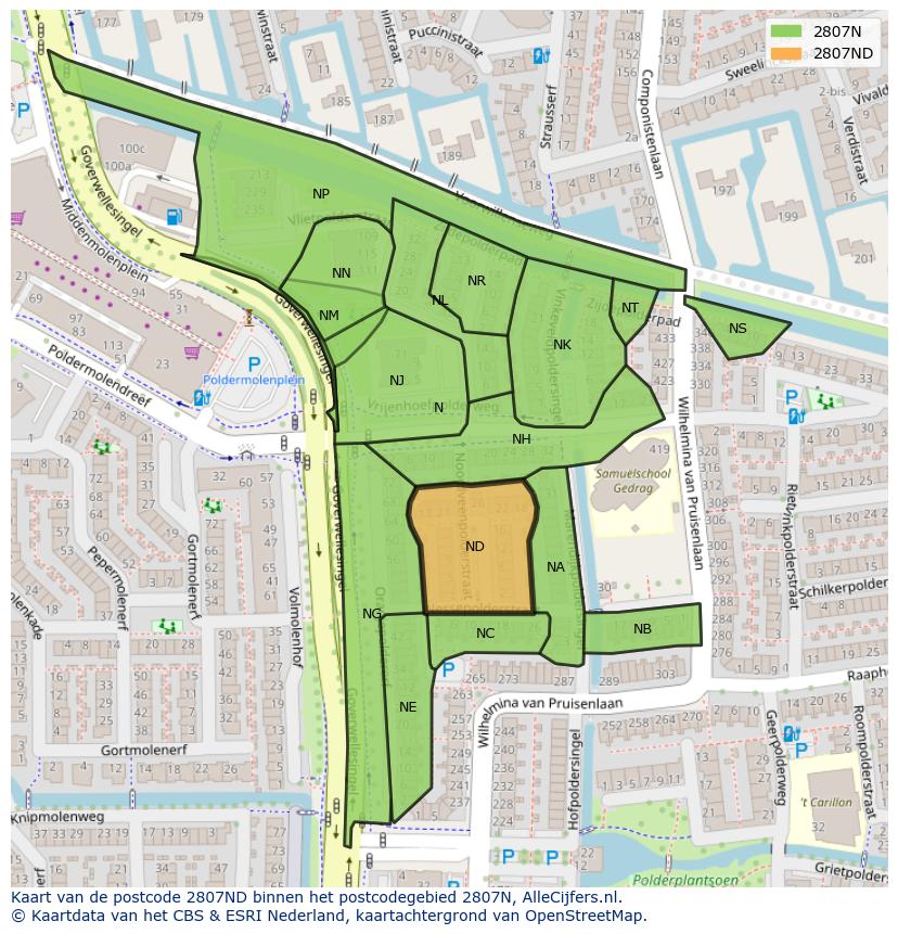 Afbeelding van het postcodegebied 2807 ND op de kaart.