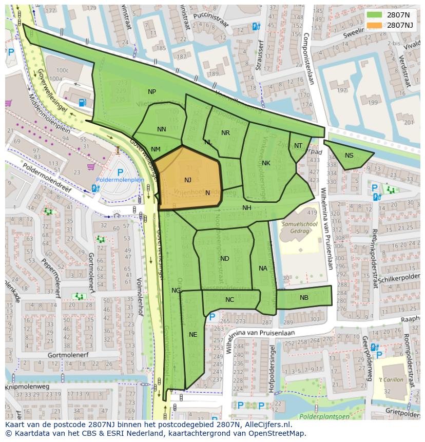 Afbeelding van het postcodegebied 2807 NJ op de kaart.