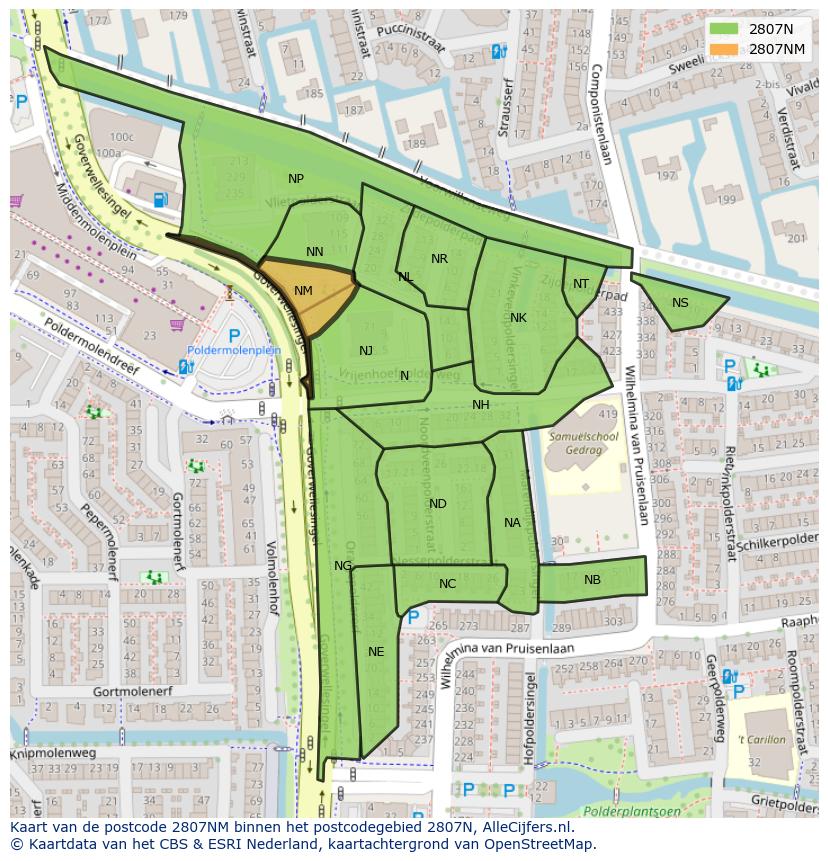 Afbeelding van het postcodegebied 2807 NM op de kaart.