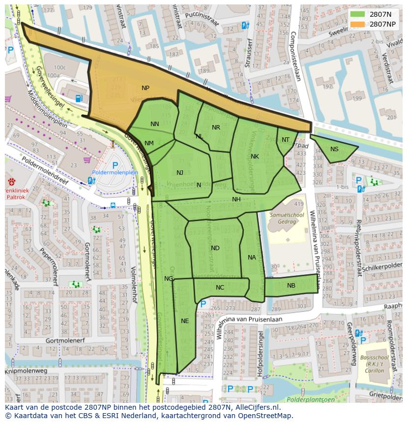 Afbeelding van het postcodegebied 2807 NP op de kaart.