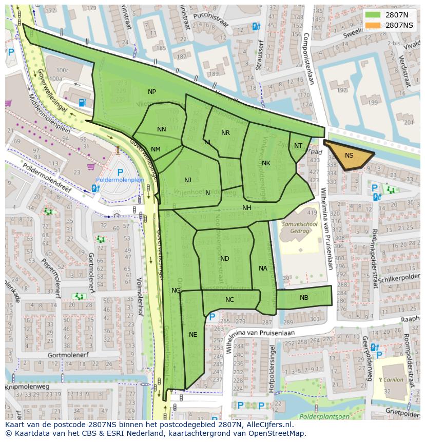 Afbeelding van het postcodegebied 2807 NS op de kaart.