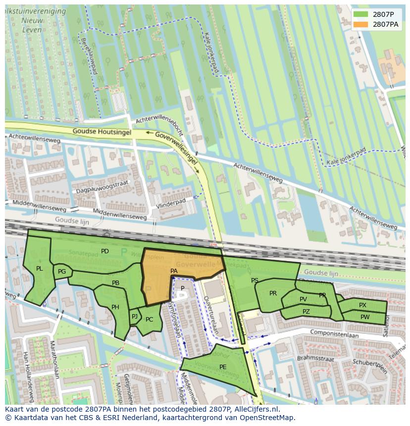Afbeelding van het postcodegebied 2807 PA op de kaart.