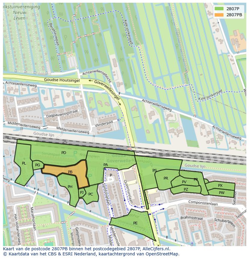 Afbeelding van het postcodegebied 2807 PB op de kaart.