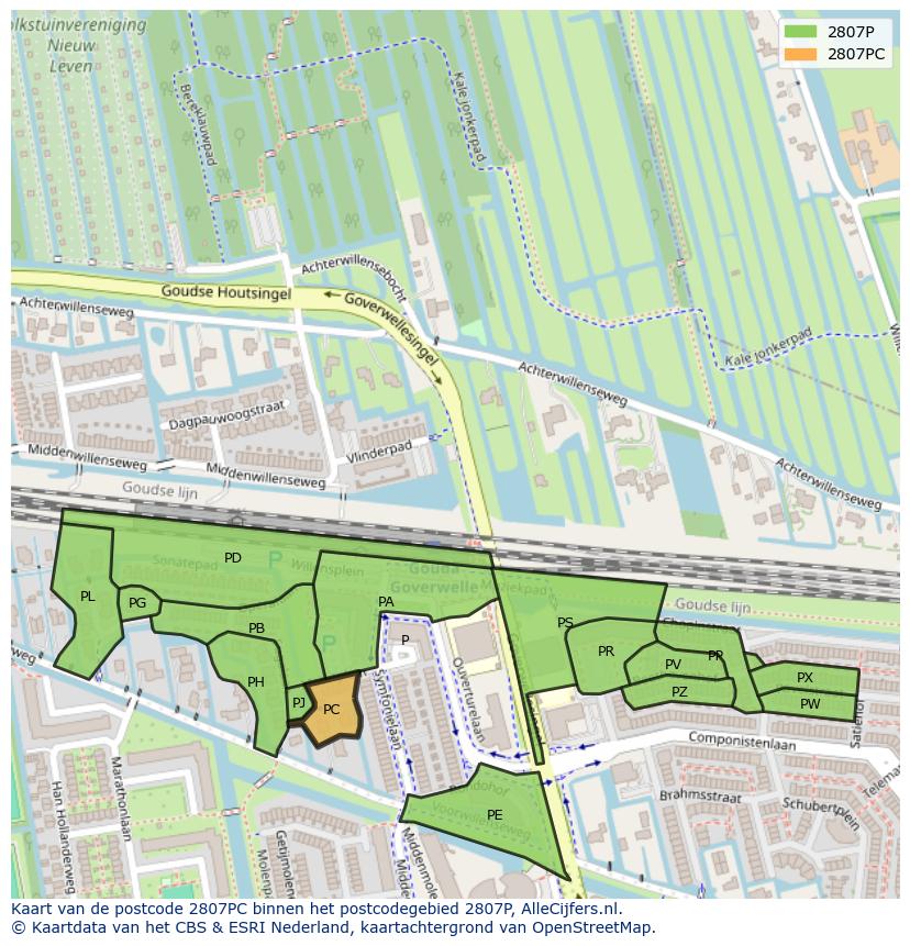 Afbeelding van het postcodegebied 2807 PC op de kaart.