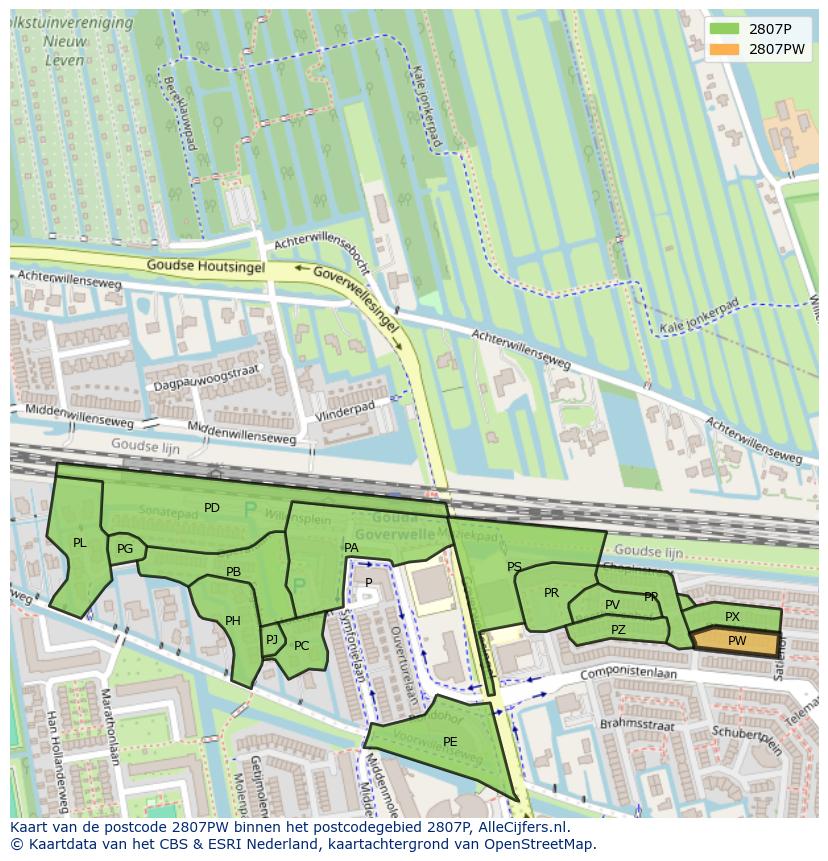 Afbeelding van het postcodegebied 2807 PW op de kaart.