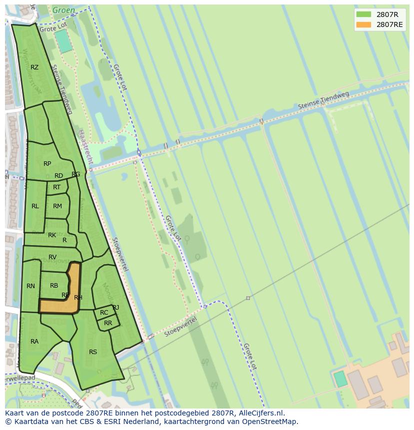 Afbeelding van het postcodegebied 2807 RE op de kaart.