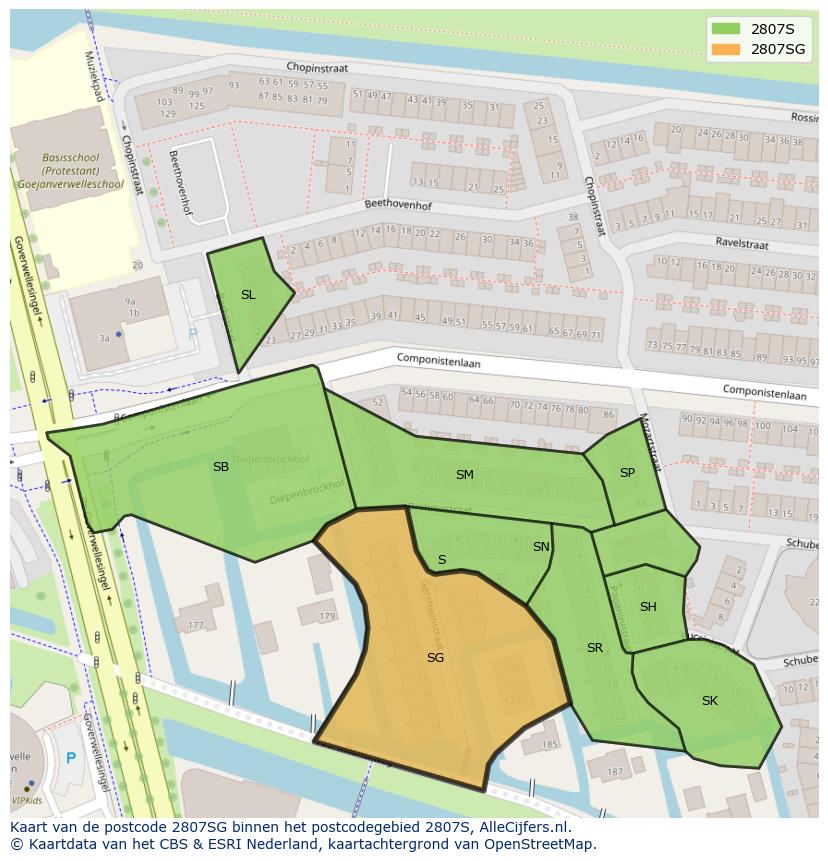 Afbeelding van het postcodegebied 2807 SG op de kaart.