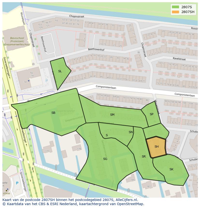 Afbeelding van het postcodegebied 2807 SH op de kaart.