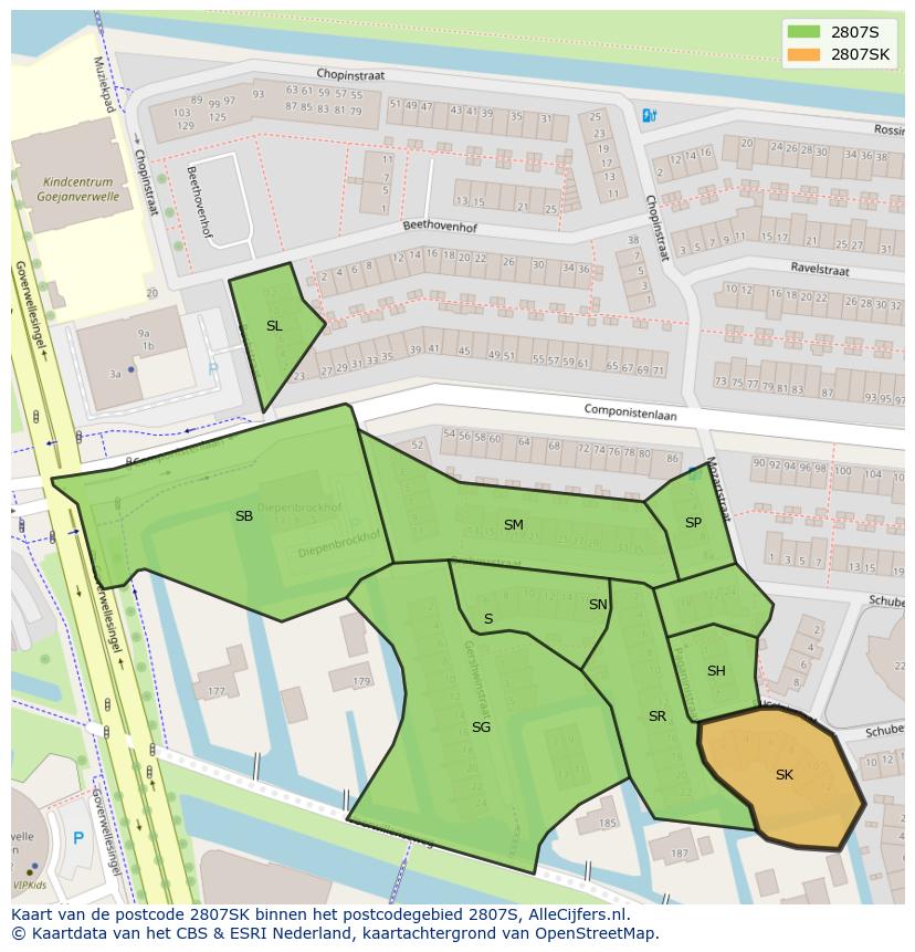 Afbeelding van het postcodegebied 2807 SK op de kaart.