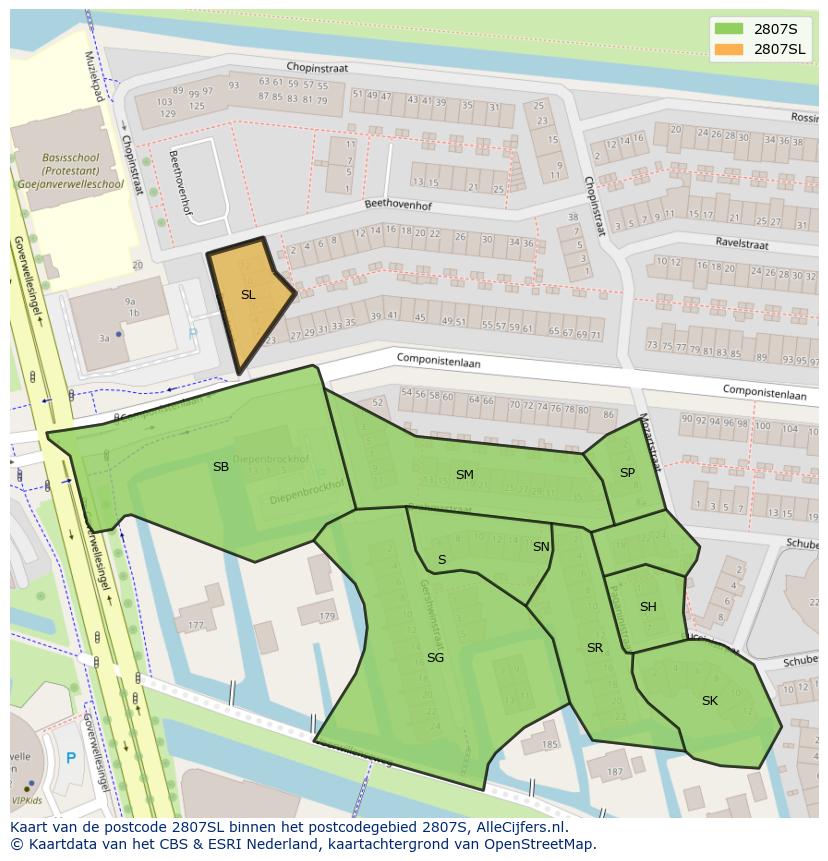 Afbeelding van het postcodegebied 2807 SL op de kaart.