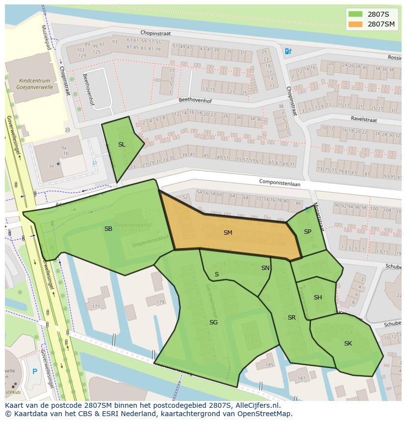 Afbeelding van het postcodegebied 2807 SM op de kaart.