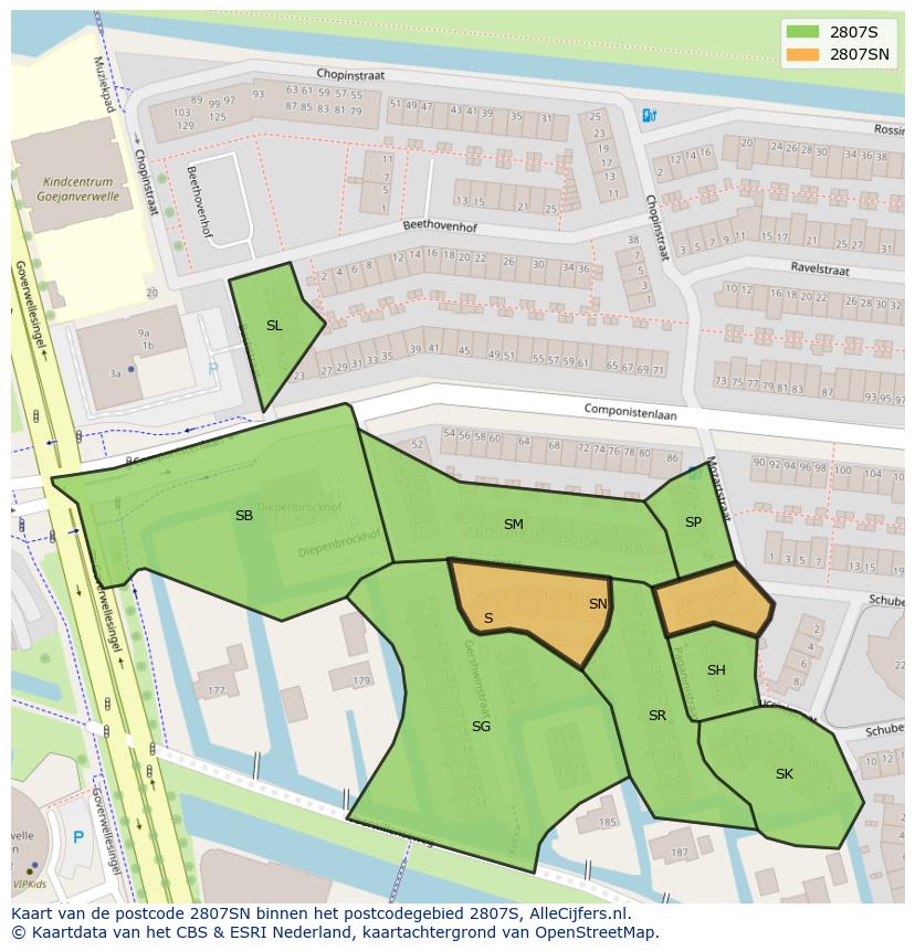 Afbeelding van het postcodegebied 2807 SN op de kaart.