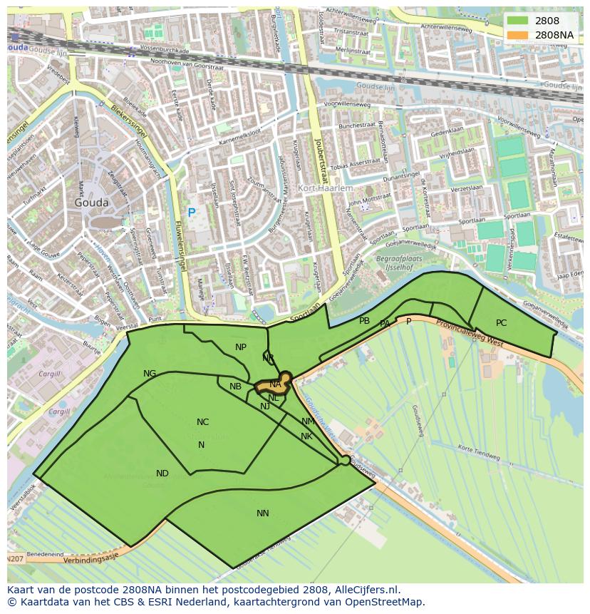 Afbeelding van het postcodegebied 2808 NA op de kaart.