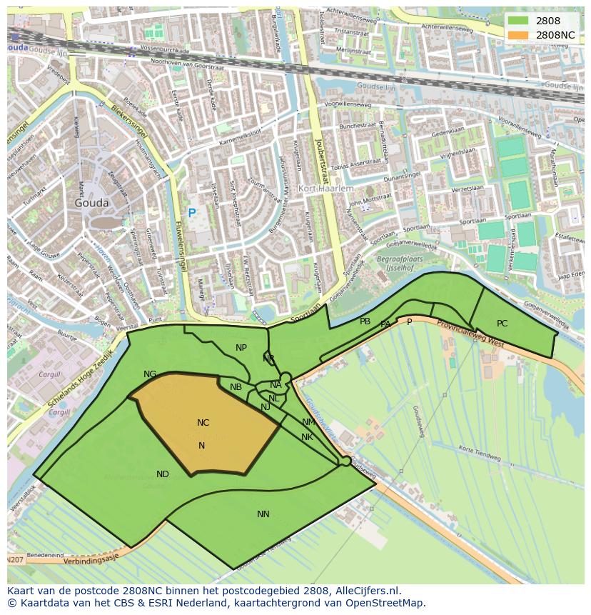 Afbeelding van het postcodegebied 2808 NC op de kaart.