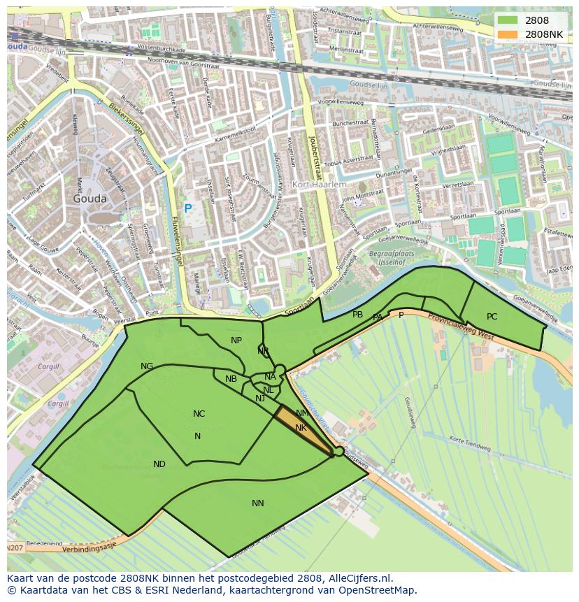 Afbeelding van het postcodegebied 2808 NK op de kaart.