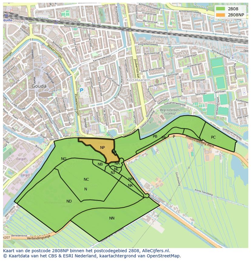 Afbeelding van het postcodegebied 2808 NP op de kaart.