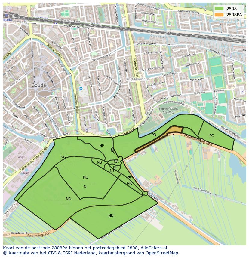Afbeelding van het postcodegebied 2808 PA op de kaart.