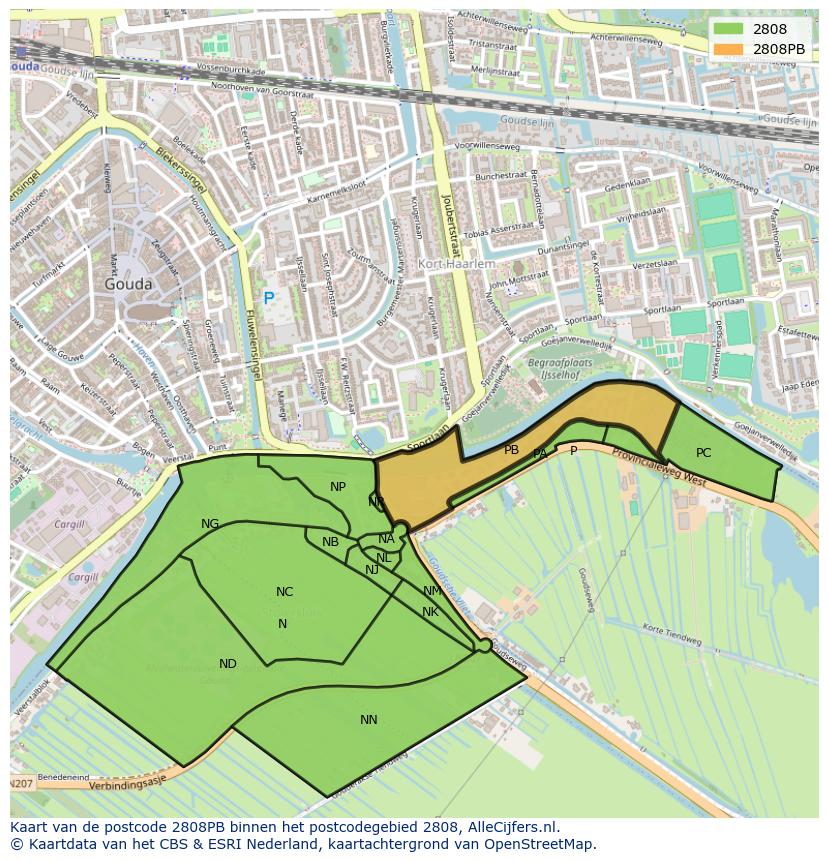 Afbeelding van het postcodegebied 2808 PB op de kaart.