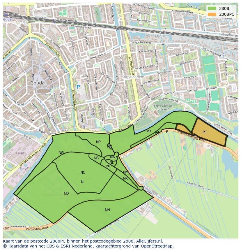 Afbeelding van het postcodegebied 2808 PC op de kaart.