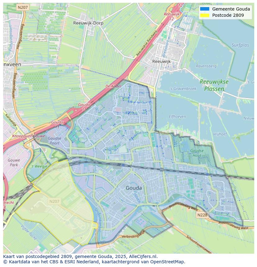 Afbeelding van het postcodegebied 2809 op de kaart.