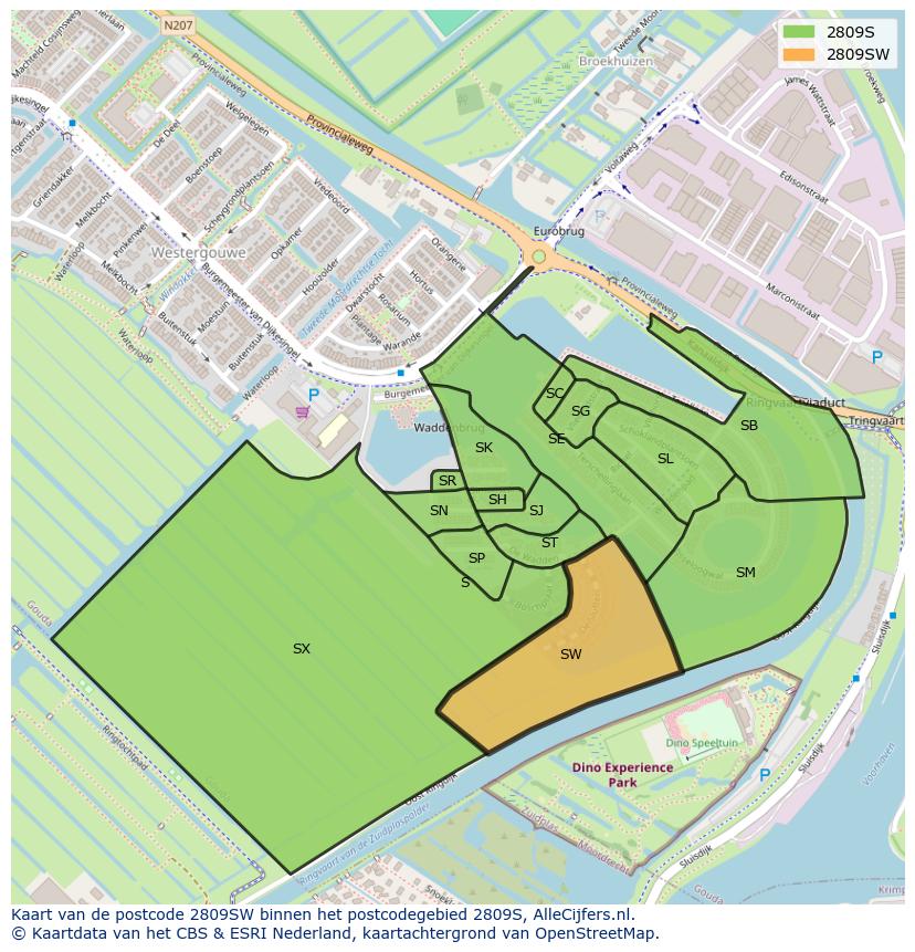 Afbeelding van het postcodegebied 2809 SW op de kaart.