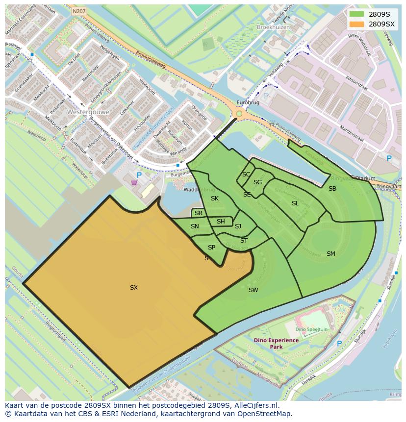 Afbeelding van het postcodegebied 2809 SX op de kaart.