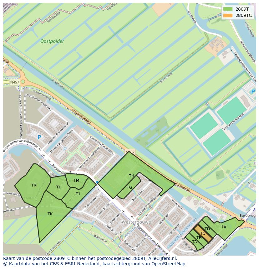 Afbeelding van het postcodegebied 2809 TC op de kaart.