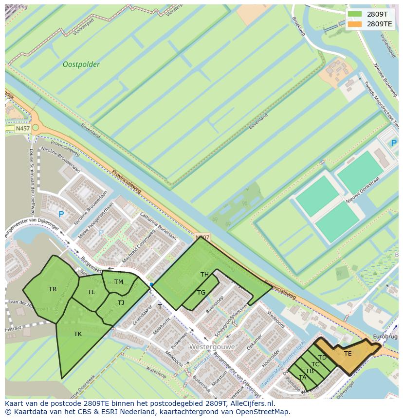 Afbeelding van het postcodegebied 2809 TE op de kaart.
