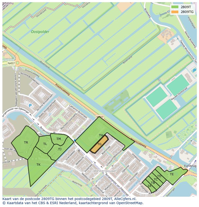 Afbeelding van het postcodegebied 2809 TG op de kaart.