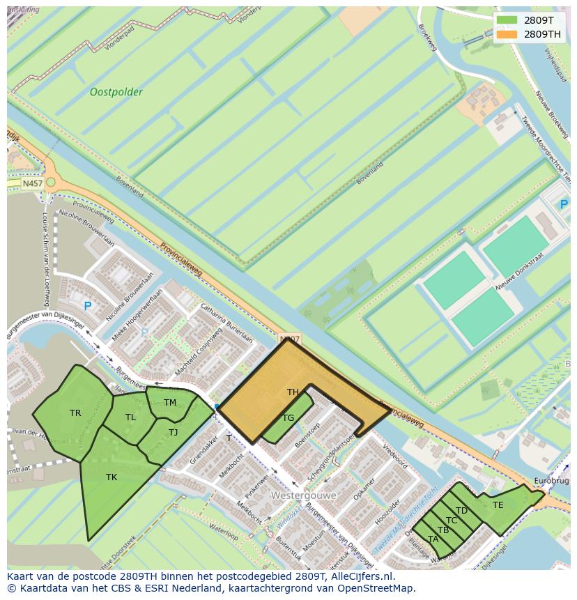 Afbeelding van het postcodegebied 2809 TH op de kaart.