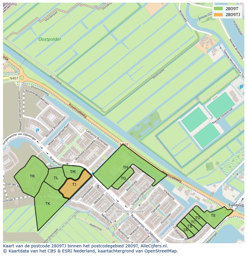 Afbeelding van het postcodegebied 2809 TJ op de kaart.