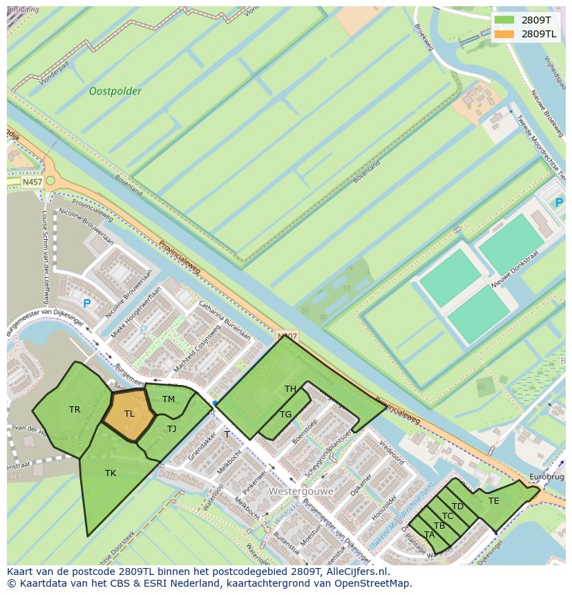 Afbeelding van het postcodegebied 2809 TL op de kaart.