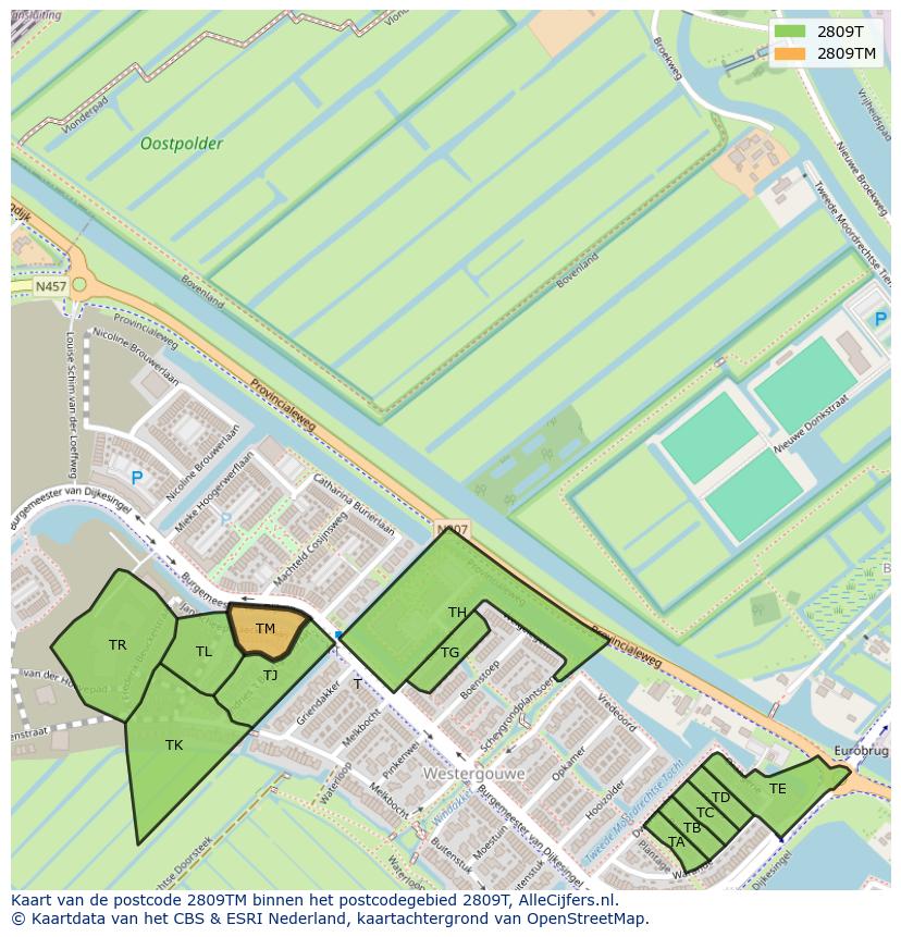 Afbeelding van het postcodegebied 2809 TM op de kaart.
