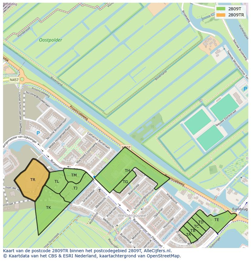 Afbeelding van het postcodegebied 2809 TR op de kaart.