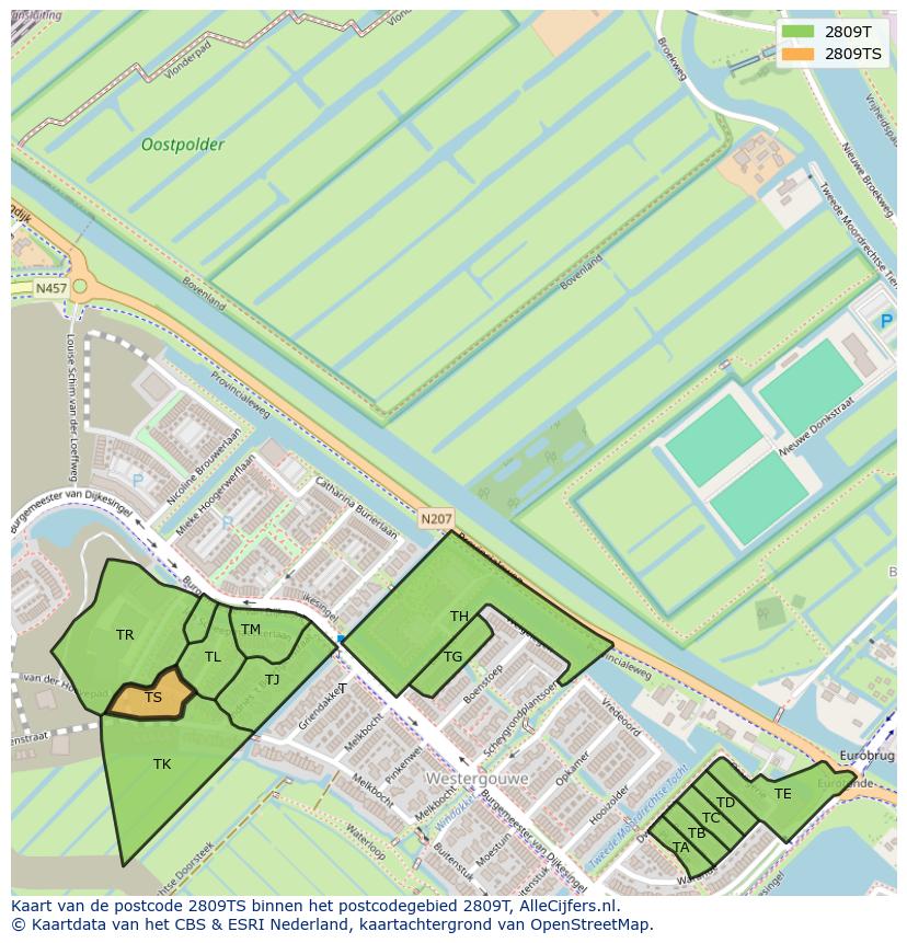 Afbeelding van het postcodegebied 2809 TS op de kaart.