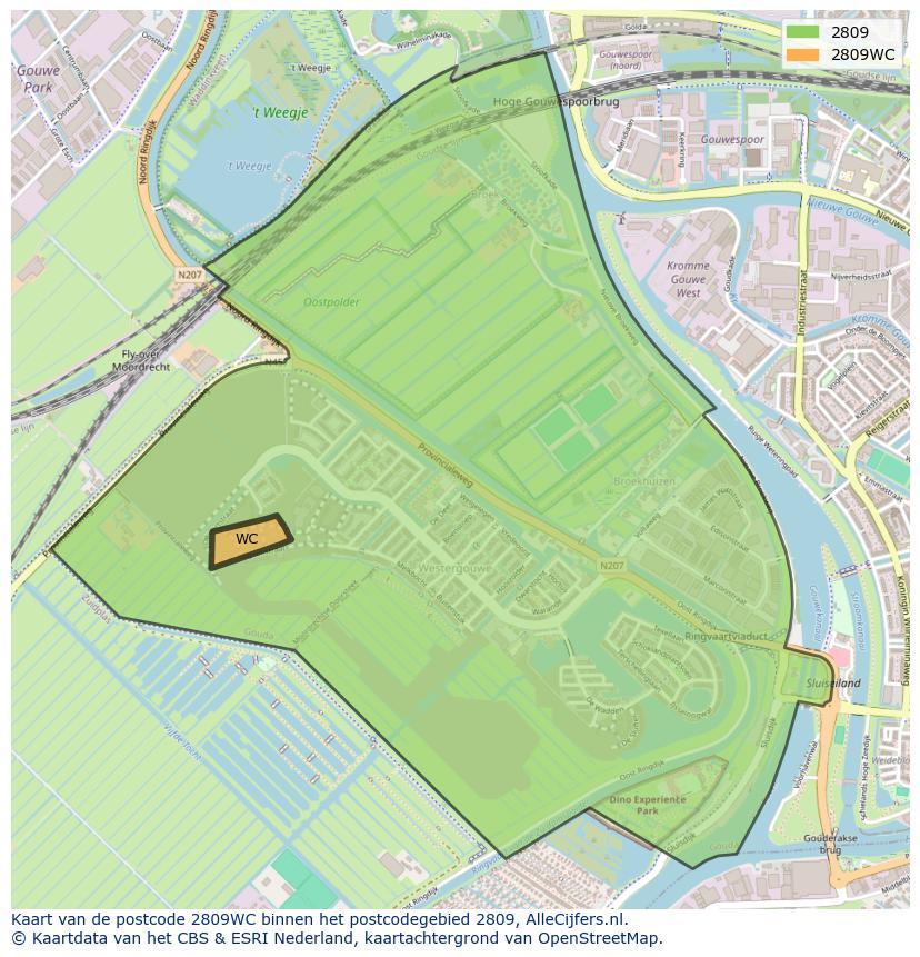 Afbeelding van het postcodegebied 2809 WC op de kaart.