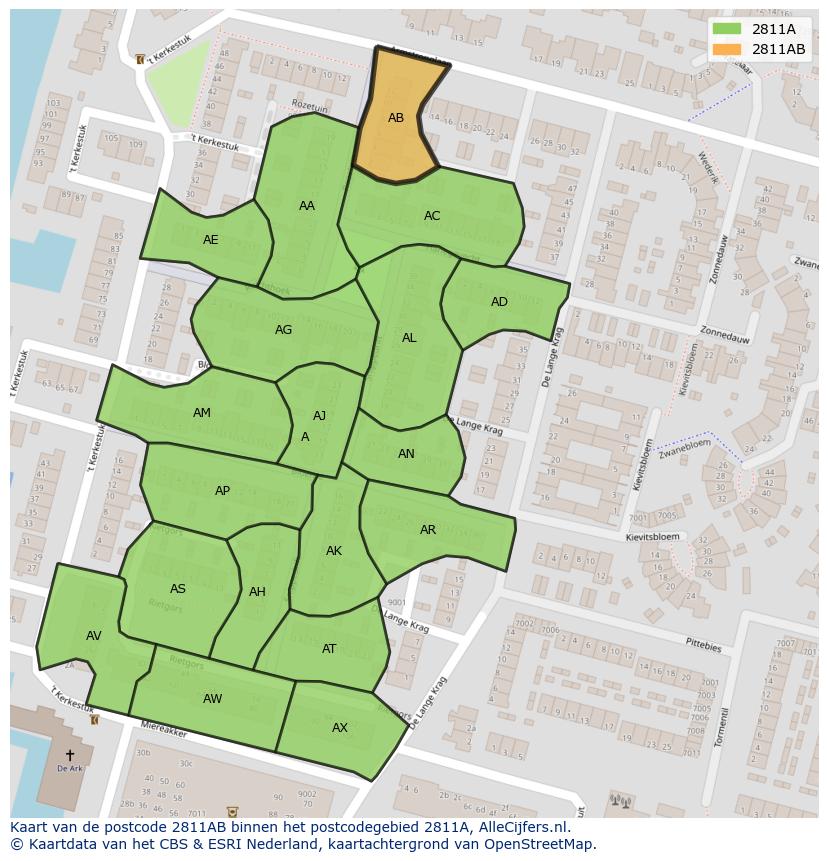 Afbeelding van het postcodegebied 2811 AB op de kaart.