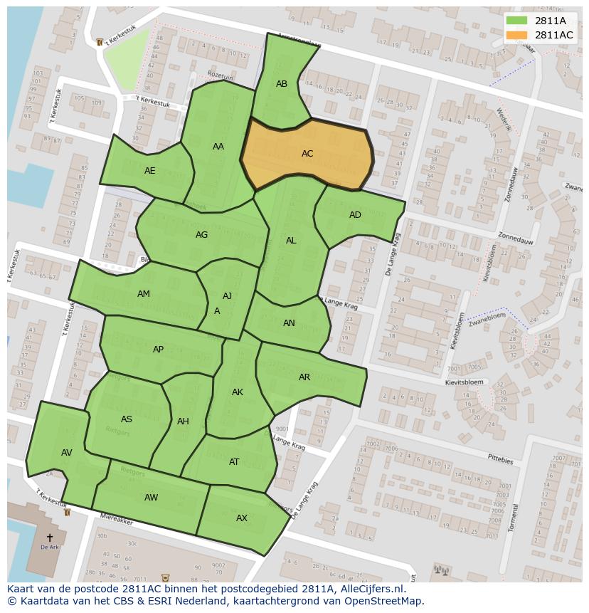 Afbeelding van het postcodegebied 2811 AC op de kaart.