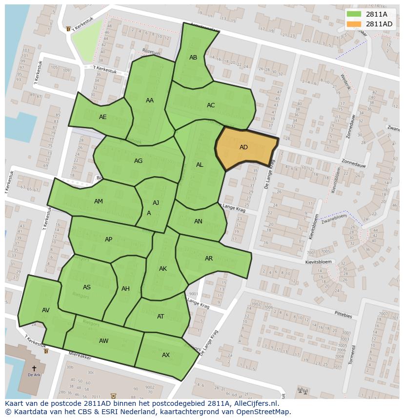 Afbeelding van het postcodegebied 2811 AD op de kaart.