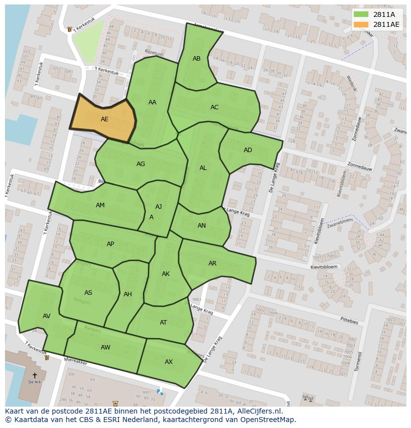 Afbeelding van het postcodegebied 2811 AE op de kaart.