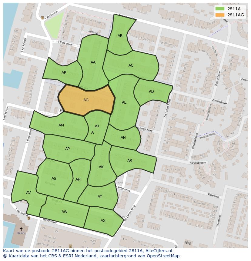 Afbeelding van het postcodegebied 2811 AG op de kaart.