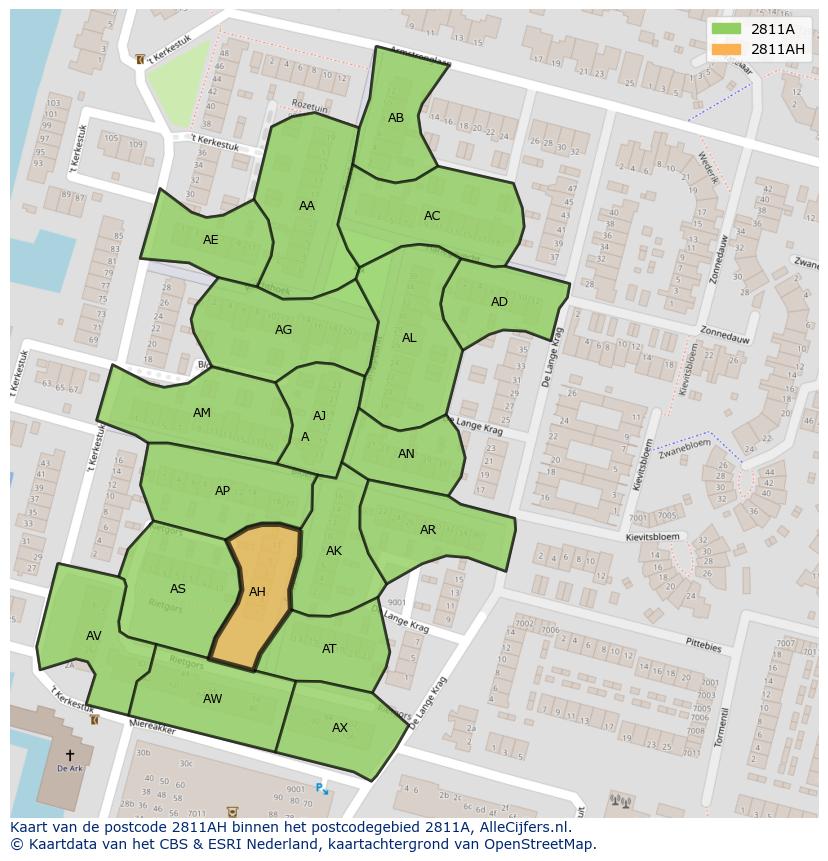Afbeelding van het postcodegebied 2811 AH op de kaart.