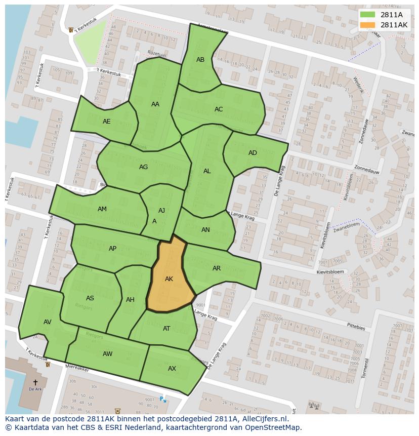 Afbeelding van het postcodegebied 2811 AK op de kaart.