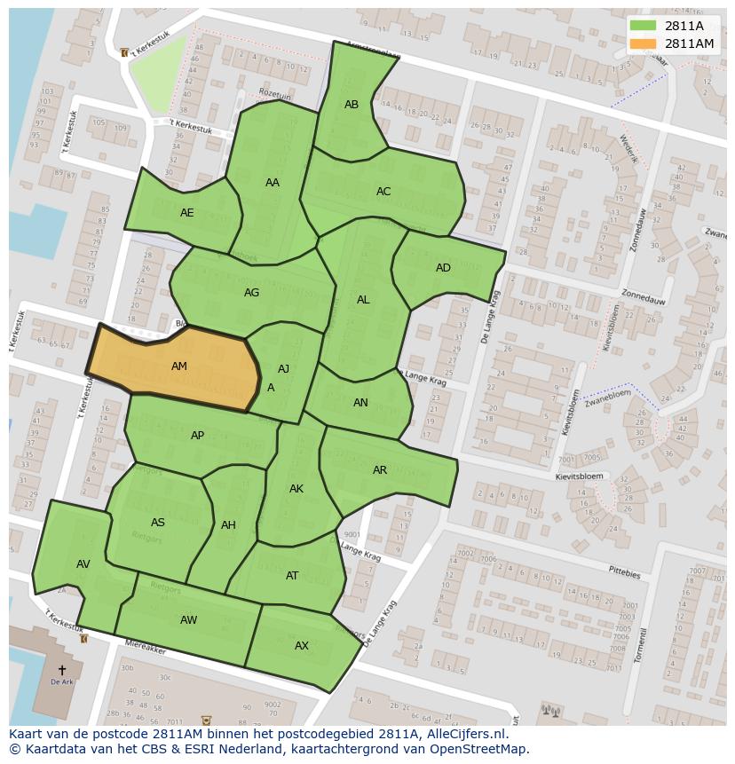 Afbeelding van het postcodegebied 2811 AM op de kaart.