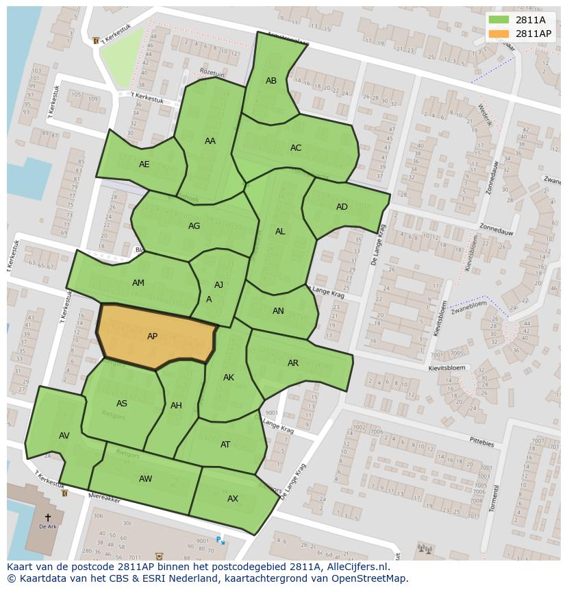 Afbeelding van het postcodegebied 2811 AP op de kaart.