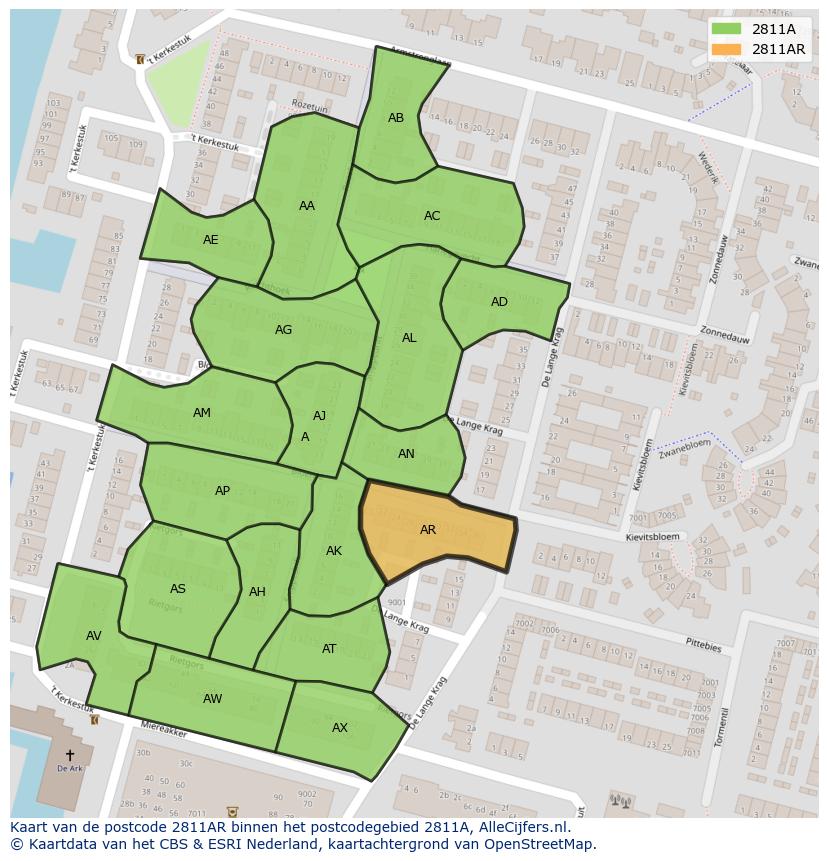 Afbeelding van het postcodegebied 2811 AR op de kaart.