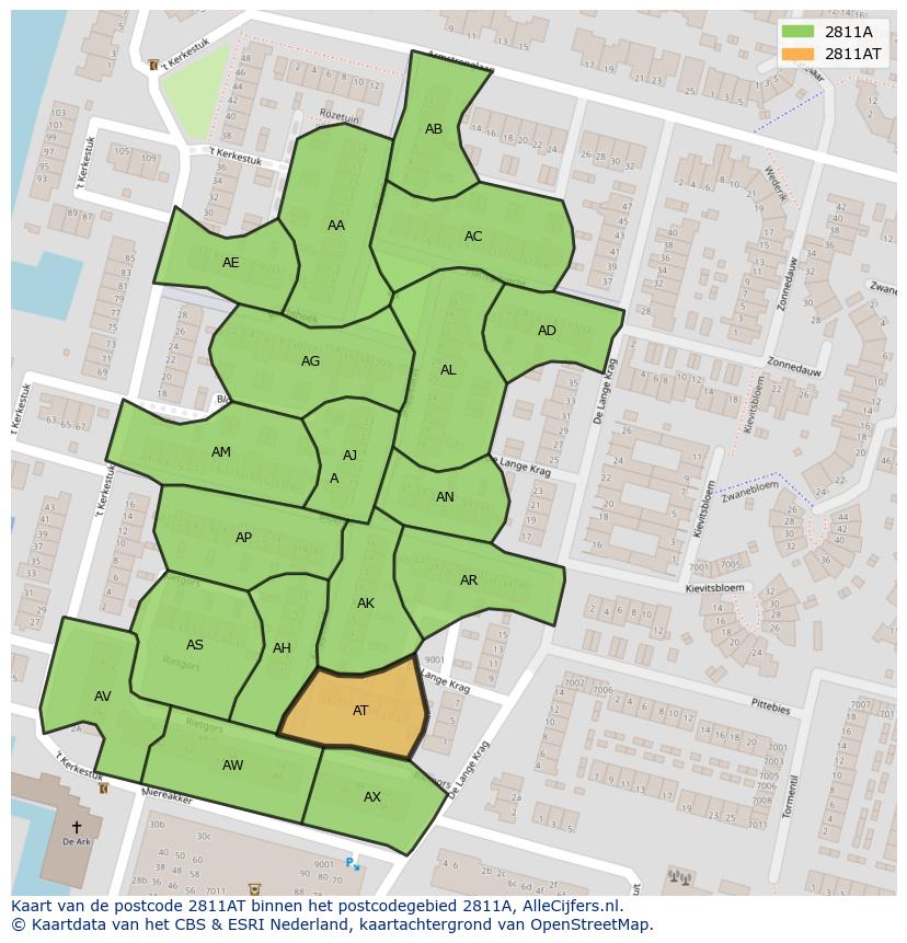 Afbeelding van het postcodegebied 2811 AT op de kaart.