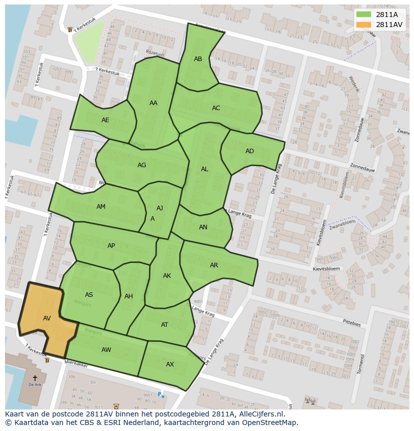 Afbeelding van het postcodegebied 2811 AV op de kaart.